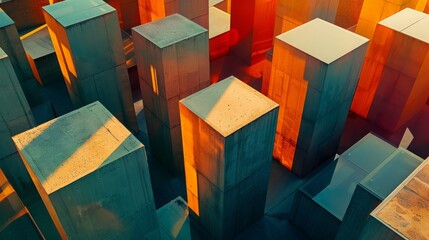 Wall Mural - A cityscape of concrete blocks with a warm, orange glow