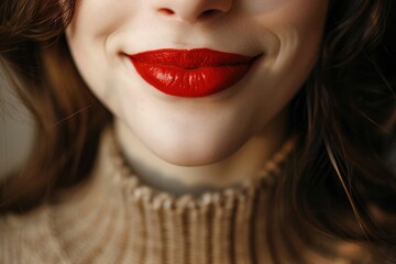 Wall Mural - Closeup portrait of a woman with vibrant red lipstick and a beautiful smile on her face