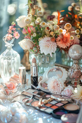 Wall Mural - various cosmetics and flowers on the table. selective focus.