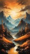 Traumhaftes Gemälde - _Bergige Landschaft mit Sonnenuntergang