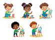 © Pixel Pine - Creative children painting on easels, vector cartoon illustration.