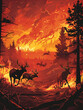 Wildlife running in panic with a forest fire raging in the background. AI-generated illustrations