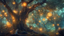 An Enchanting Forest Scene, With Ancient Trees Adorned With Glowing Orbs Of Light And Whimsical Creatures Frolicking Among The Vibrant Foliage In A Magical Woodland Realm