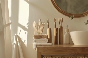 Wall Mural - Modern bathroom interior with a mirror, toothbrushes, and various toiletries on the counter