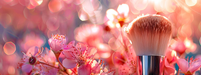 Poster - makeup brush on a background of flowers. selective focus.