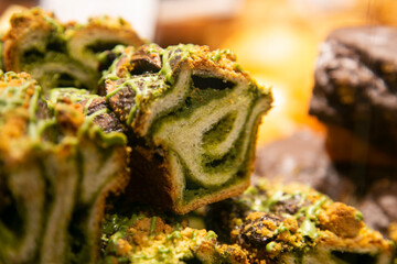 Wall Mural - Marble chocolate and matcha tea cake in a Japanese Bakery in Kyoto.