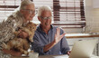 Senior couple, laptop and kitchen for video call with cat, wave and speaking to grandkids. Tech, web communication and mature family in house for hello, pet and retirement with talking to children