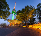 Fototapeta Tulipany - Panorama Seoul city at Night and Namsan Tower or N Seoul Tower stands tall on the top of Namsan Mountain, South Korea.