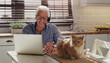 Laptop, pet and man with headset in home with customer service consultation for online crm. Technology, cat and mature male technical support or telemarketing agent working on computer in kitchen.