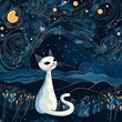 Generate an enchanting scene with a hand-drawn cartoon cat, creatively illustrated against a starry night sky-3