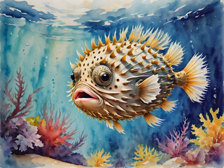 Wall Mural - puffer fish in aquarium