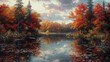 A serene woodland pond is surrounded by a riot of colorful autumn foliage, its surface reflecting the vibrant hues of the trees above. Dragonflies flit above the water, while frogs croak contentedly 