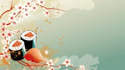 Wall Mural - Vibrant Sushi Wallpaper with Floral Accents and Negative Space for Copy