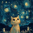 Generate an enchanting scene with a hand-drawn cartoon cat, creatively illustrated against a starry night sky-1