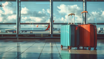 Wall Mural - Two suitcases are sitting on the floor in front of an airplane by AI generated image