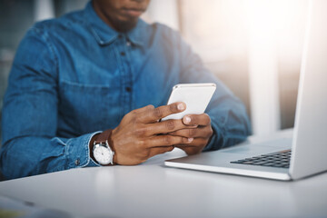 Canvas Print - Office, hands and man with cellphone, typing and check email for schedule and online reading for information. Person, journalist and writer with smartphone and social media with research for article