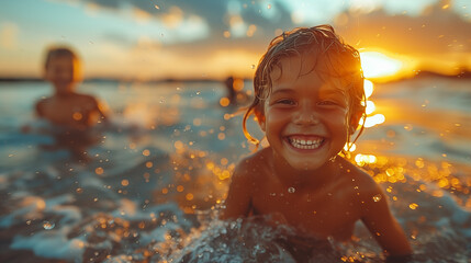 Wall Mural - Portrait of a little boy having fun on the beach at sunset