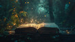 Magic, fantasy, and spiritual with book and light on the table for fairytale, imagination, and night.