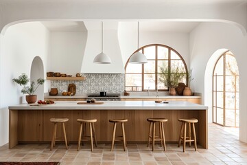 Wall Mural - Beautiful Bright Kitchen Space with Arched Windows and Warm Wooden Tones, Wooden Bar Stools