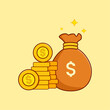 Money bag and several stacks of dollar coins. flat vector illustration