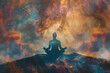 mesmerizing double exposure of the tranquil lotus pose meditation superimposed with the ethereal beauty of a nebula galaxy backdrop, creating a visually stunning and spiritually up