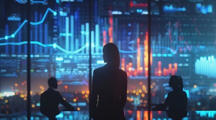 Wall Mural - A woman is looking at a computer screen with a lot of numbers and graphs. She is wearing a suit and she is focused on the data. Concept of professionalism and concentration