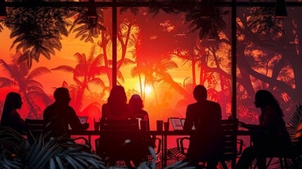 A group of people are sitting at a table in a restaurant, with a sunset in the background. Scene is relaxed and social, as the group of people are gathered together to enjoy each other's company