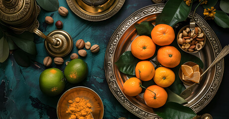 Oranges in classic plate on a wooden background, tangerines in retro style, copy space, orange fruits on a brown background, tropical fruits in a plate on a table, half orange for a vegan