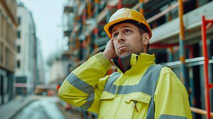 Wall Mural - A man in a hard hat and yellow jacket talking on his cell phone.