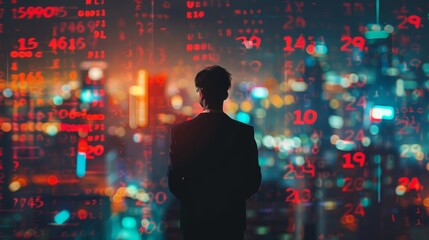 Wall Mural - a man stands in front of a city skyline with a computer screen behind him. the screen is filled with