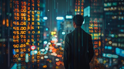 Wall Mural - a man stands in front of a city skyline with a large number of numbers on the buildings. the numbers