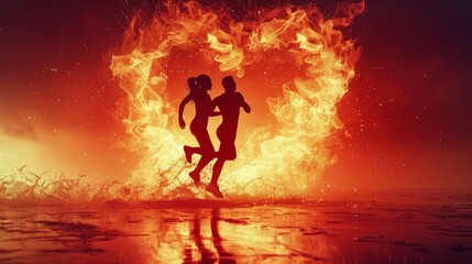 Wall Mural - A couple running in a fiery heart. The fire is orange and red