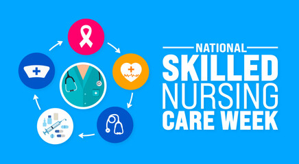 Sticker - May is National Skilled Nursing Care Week background template. Holiday concept. use to background, banner, placard, card, and poster design template with text inscription and standard color. vector