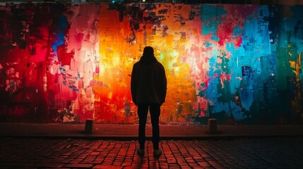 Wall Mural - A person stands in front of a colorful wall. The wall is covered in graffiti and has a rainbow of colors. The person is wearing a white jacket and he is looking at the wall. Scene is one of curiosity