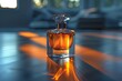 Elegant glass perfume bottle vibrant light reflections minimal clutter clear focus closeup