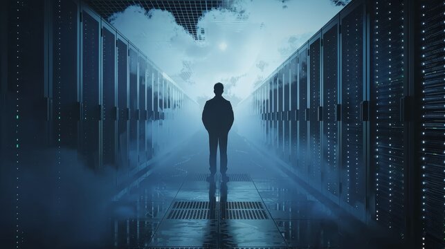A man stands in a dark room with a blue sky in the background. The room is filled with computer servers and the man is looking at something. Scene is mysterious and somewhat ominous