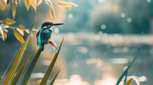 Cute Male Common Kingfisher, Alcedo Atthis, Sitting On Branch In Spring At Sunrise. Small Bird With Colorful Feathers Looking In Nature From Front View.