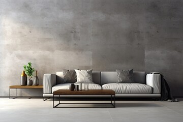 Wall Mural - Modern Living Room Interior. Sofa, Chair, Pillows, and Concrete Wall, Mock-up of Modern Design Decorative Furniture Interior, 3D Rendering