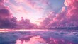 Pink Mystery Clouds, Fantastic Sea Reflections, Bright Lights in the Morning, Colorful Fluffy Clouds Flowing in sky