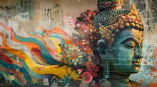 Colorful Graffiti Of Buddha On The Temple Walls Along With Traditional Thai Sculptures And Thai Patterns.