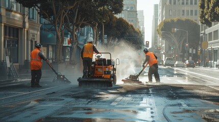 city maintenance crew using street sweepers and vacuums to remove dirt and debris from roadways, promoting a clean and orderly urban environment.