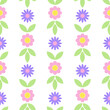 Pink and lilac flowers isolated on a white background. Seamless pattern. Flat style, simple abstract flowers. Vector background for cover, fabric, decor.