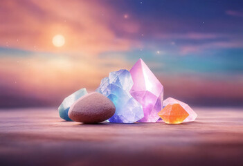 Wall Mural - Beautiful quartz crystal on a colorful background - AI generated