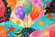 A repeating pattern featuring colorful balloons, starfish, and a sun on a light blue background