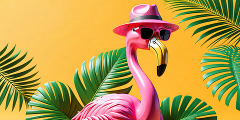 Canvas Print - Pink flamingo with sunglasses and hat under palm leaf on yellow summer background 3D Rendering, 3D Illustration