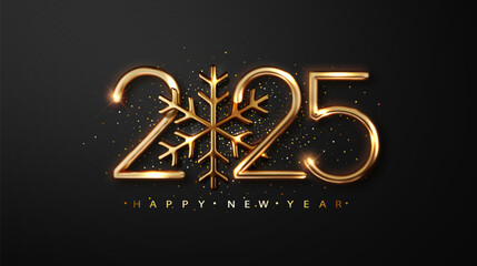 Wall Mural - Golden 2025 Happy New Year background with snowflake. Black New Year and Christmas background. Template for holyday design card, banner