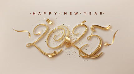 Wall Mural - 2025 Happy New Year banner with golden 3d realistic number and falling confetti . Celebration New Year's Eve bright background