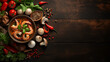 Tom yum soup with ingredients on wood background for context
