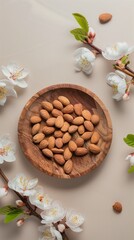 Poster - Almond nuts on wooden bowl natural organic ingredient story background