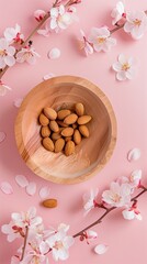 Poster - Almond nuts on wooden bowl natural organic ingredient story background